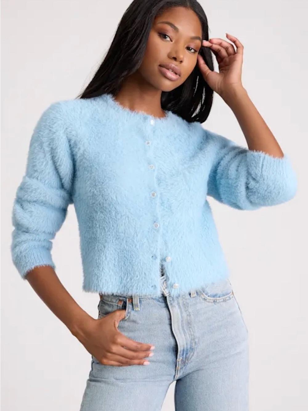 Arinda Light Blue Eyelash knit cardigan NWT